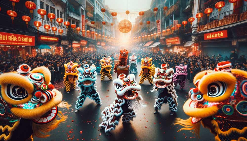 Vietnamese celebration of spring lion dances and festive parades